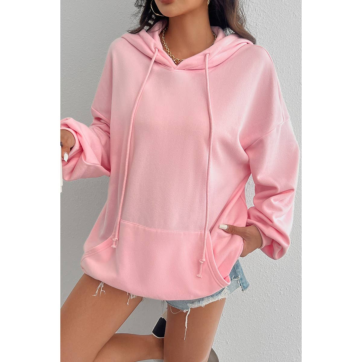 Solid Drawstring Pocket Drop Shoulder Loose Hoodie