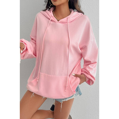 Solid Drawstring Pocket Drop Shoulder Loose Hoodie