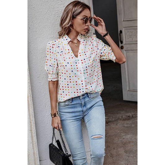 Polka Dot Print Puff Sleeve Button Shirt | Shirt - Women's | 523, short sleeve top, Top, tops | Elings