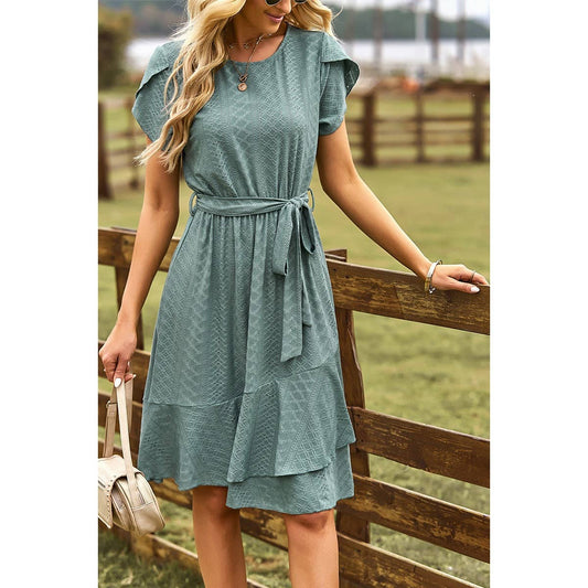 Textured Round Neck Solid Belt Hem Ruffle Dress | Dress - Women's | above the knee, Dress | Elings