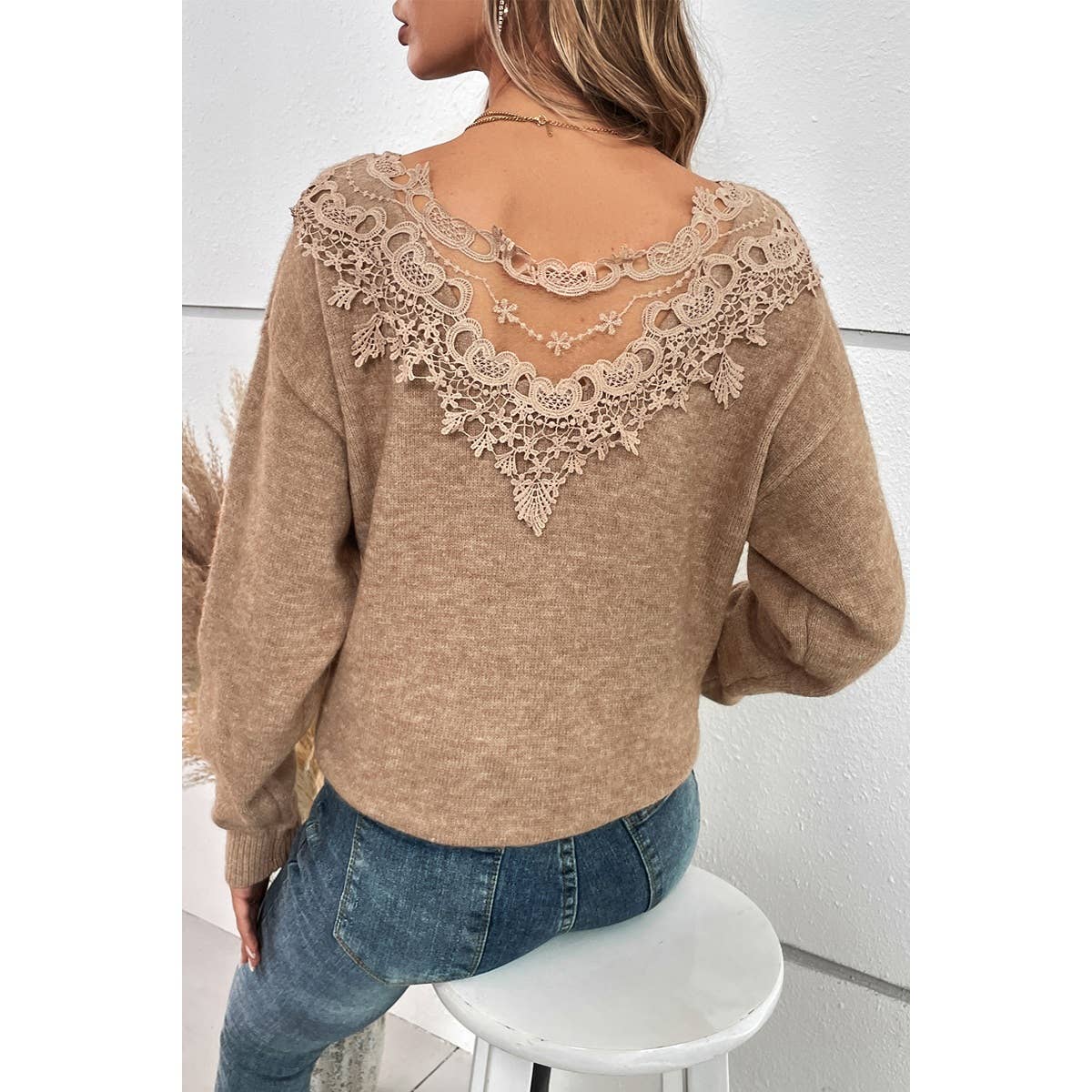 Knit Color Block Low Back Lace Loose Fit Pullover | Sweatshirt - Women's | New Arrivals | Elings