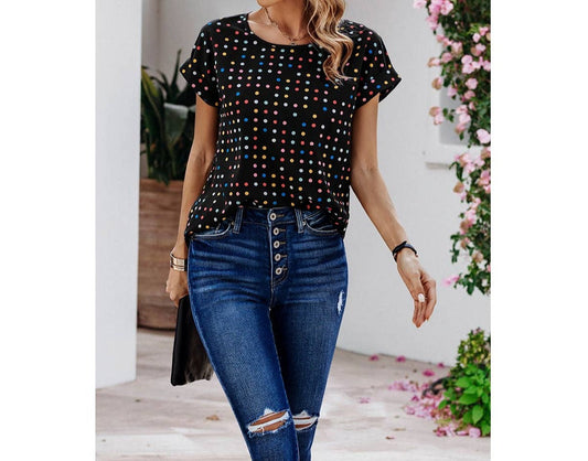 Color Polka Dot Loose Fit Scoop Neck Blouse | Shirt - Women's | 523, short sleeve top, Top, tops | Elings