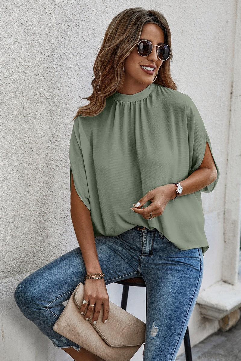 Mock Neck Cape Sleeve Blouse