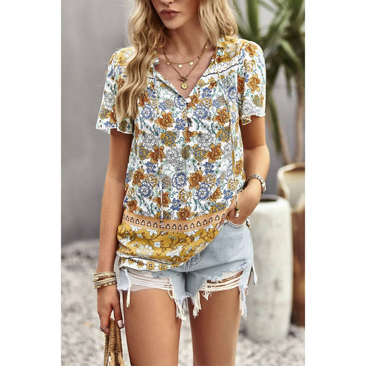 V Neck Floral Print Loose Fit Sleeve Ruffle Top | Shirt - Women's | 523 | Elings