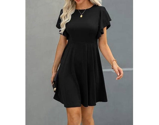 Crew Neck Ruffled Short Sleeve Solid Dress | Dress - Women's | 523, above the knee, Dress, LK | Elings