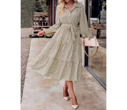 Dot Print Belt Button Fit Hem Ruffle A Line Dress | Dress - Women's | Dress, midi dress | Elings