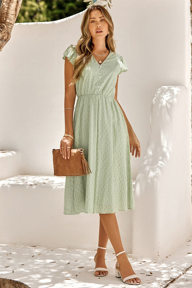 Short Flutter Sleeves Button Front Midi Dress