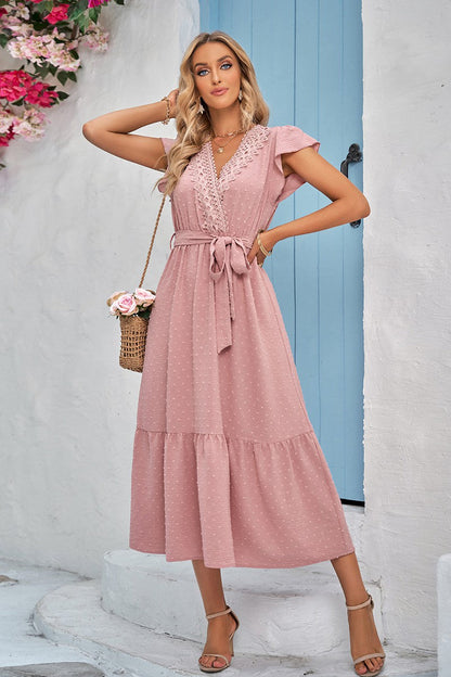 Textured Dotted Lace Trim Ruffled Hem Midi Dress