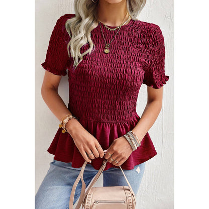 Solid Shirred Peplum Hem Ruffle Blouse | Shirt - Women's | 523 | Elings