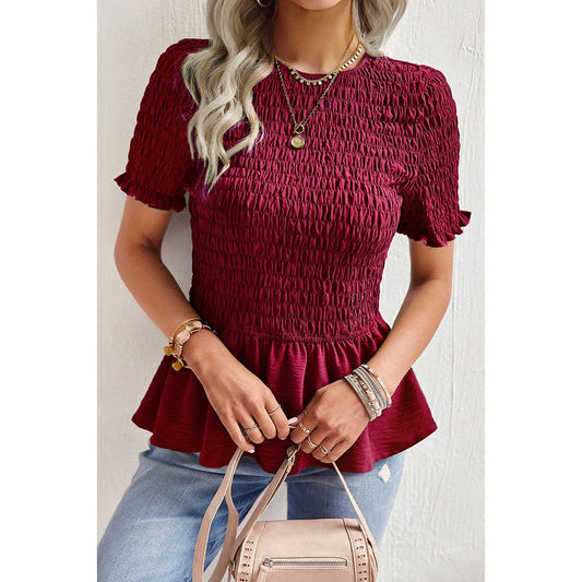 Solid Shirred Peplum Hem Ruffle Blouse | Shirt - Women's | 523 | Elings