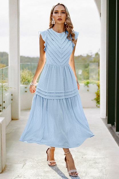 Ruffled Sleeves Pleated Front Maxi Dress