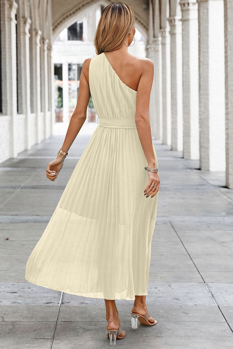 Solid Lined Wrinkle One Shoulder Sleeveless Dress