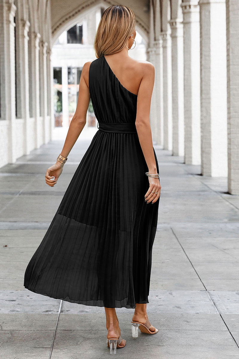 Solid Lined Wrinkle One Shoulder Sleeveless Dress