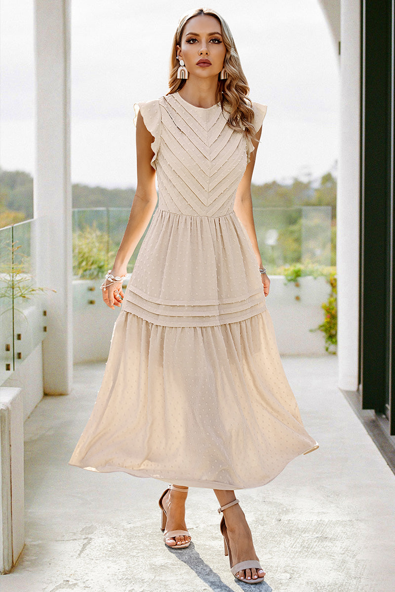 Ruffled Sleeves Pleated Front Maxi Dress