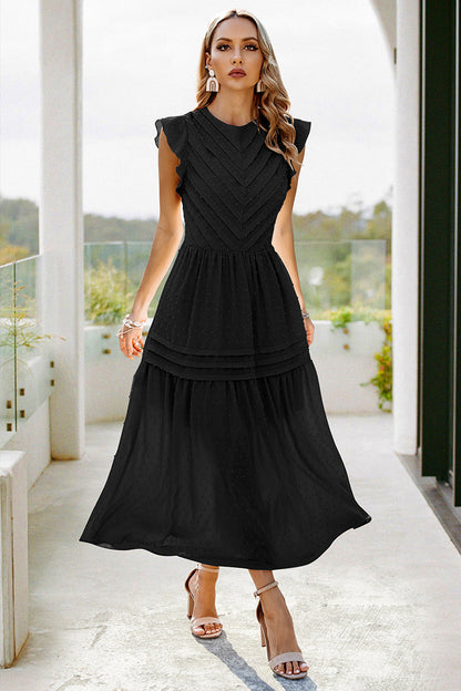 Ruffled Sleeves Pleated Front Maxi Dress