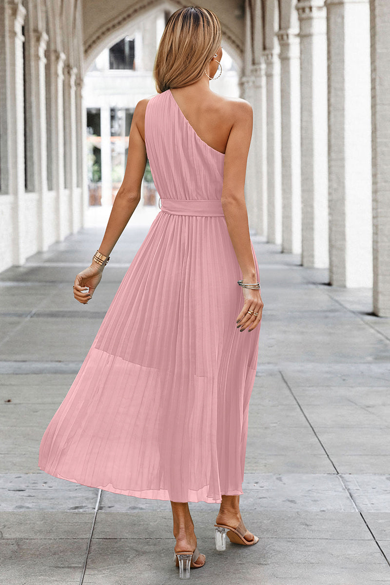 Solid Lined Wrinkle One Shoulder Sleeveless Dress