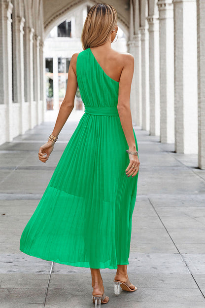 Solid Lined Wrinkle One Shoulder Sleeveless Dress