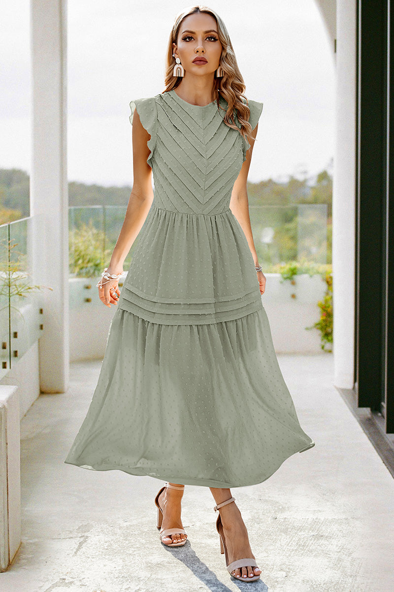 Ruffled Sleeves Pleated Front Maxi Dress