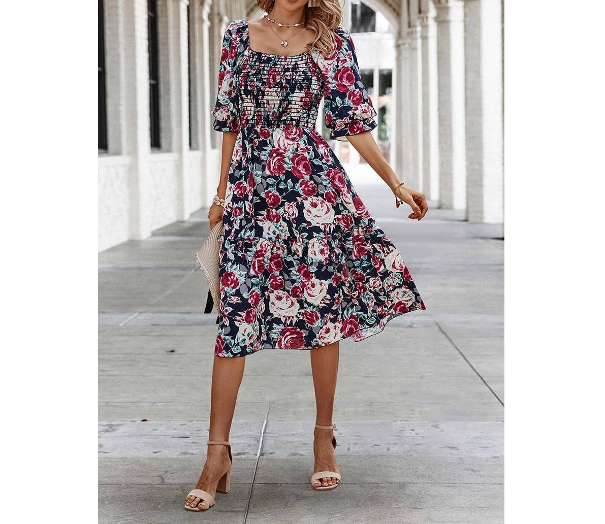 Floral Print Square Neck Elastic Sleeves Ruched Dress | Dress - Women's | Dress, LK, midi dress | Elings