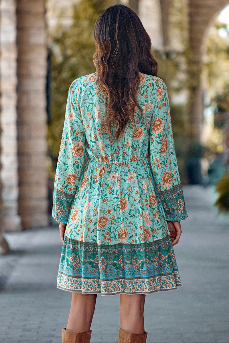 Boho Floral V Neck Ruffled Hem Dress