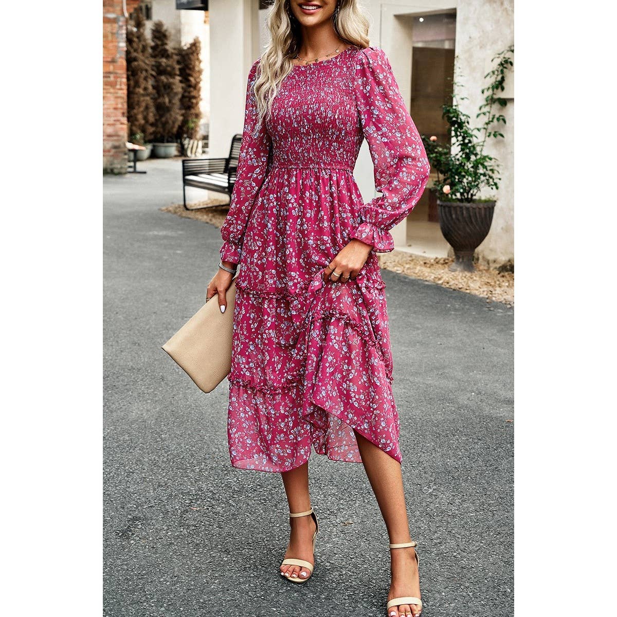 Floral Print Ruched Ruffle Sleeves High Rise Dress | Dress - Women's | Dress, midi dress | Elings