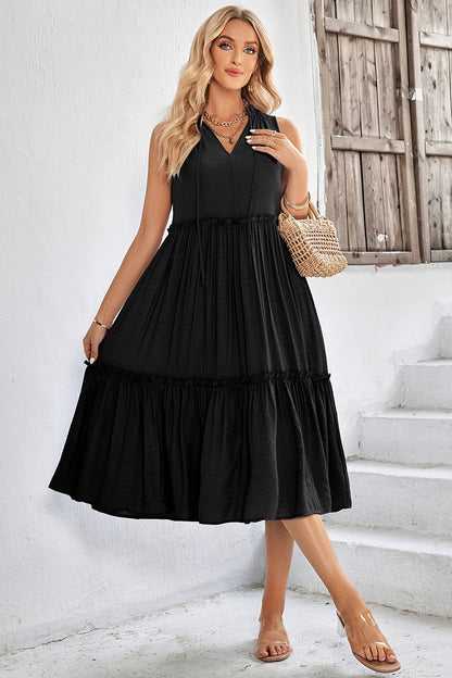 V Neck Sleeveless Tiered Midi Dress