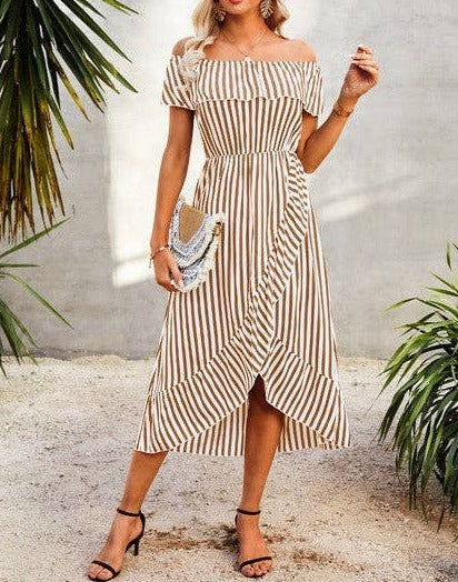 Elegant Striped Ruffled Midi Dress | Dress - Women's | Dress, LK, midi dress | Elings