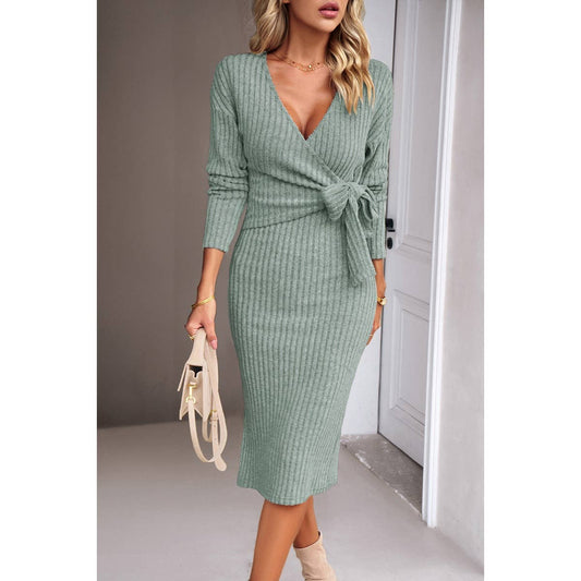 Knit Cross Deep V Knot Wrap Midi Solid Dress | Dress - Women's | bodycon, Dress, LK, midi dress | Elings