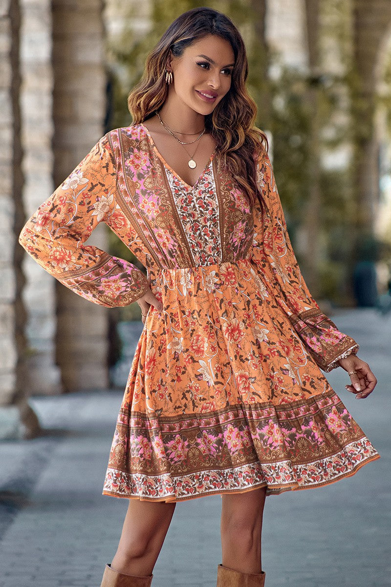 Boho Floral V Neck Ruffled Hem Dress