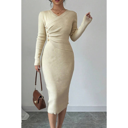 Solid Cross Wrap Knit Button Trim Bodycon Sweater | Knit Sweater - Women's | F, midi dress, new arrival, shoppe247, Sweaters | Elings