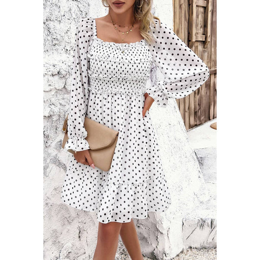 Square Neck Dot Print Ruched Ruffle Fit Dress | Dress - Women's | above the knee, Dress, F, new arrival, shoppe247 | Elings