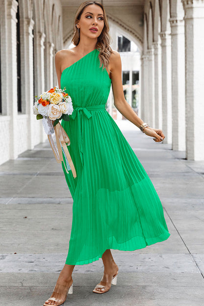 Solid Lined Wrinkle One Shoulder Sleeveless Dress