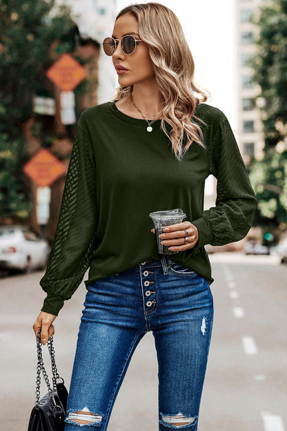 Solid Contrast Mesh Lantern Sleeve Top