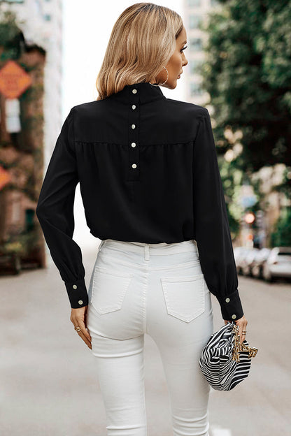 Solid Mock Neck Drop Shoulder Blouse