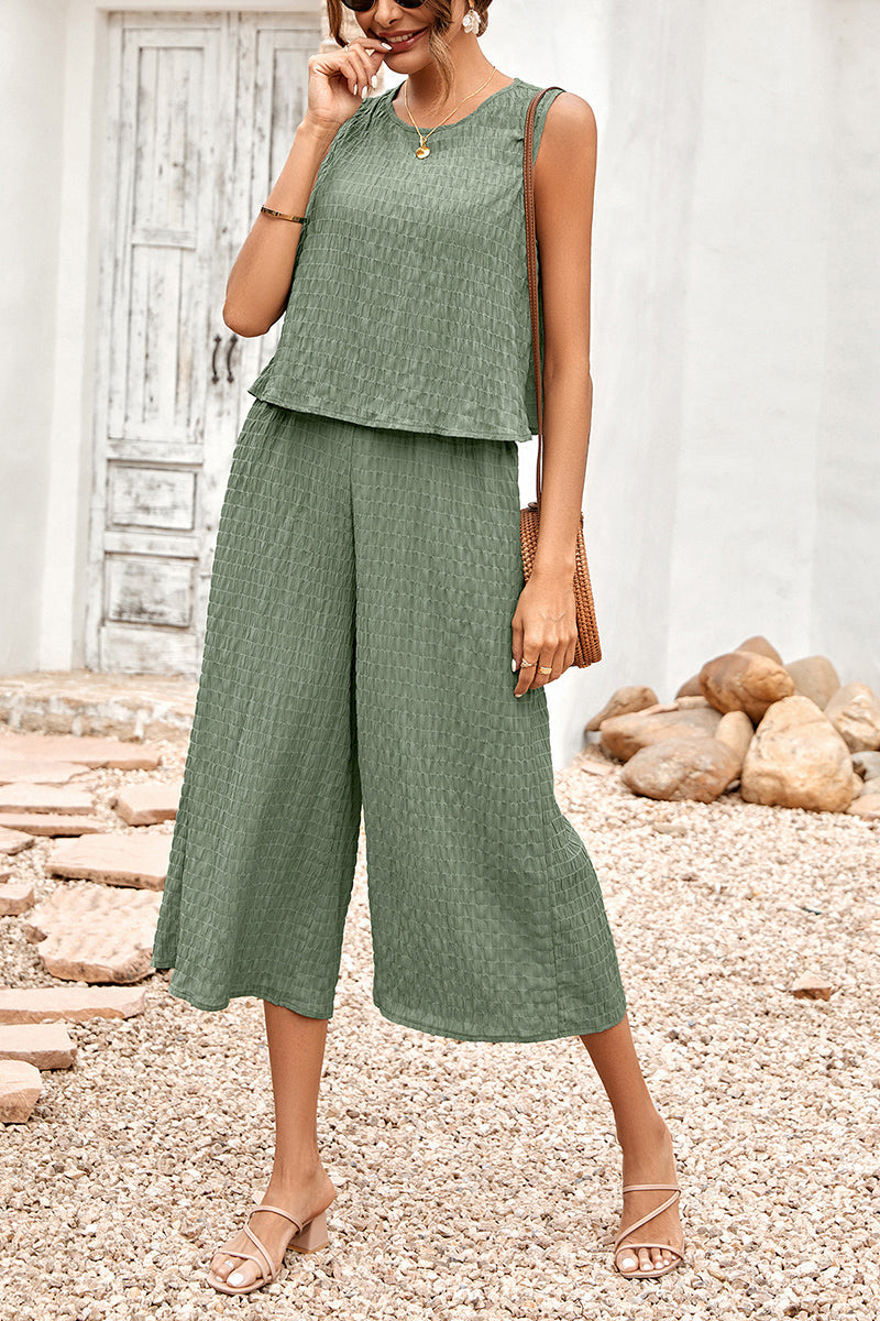 Sleeveless Solid Ruffle Loose Fit Wide Leg Sets