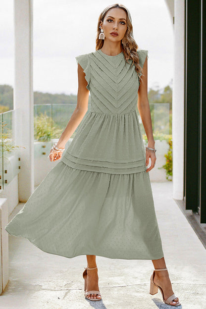 Ruffled Sleeves Pleated Front Maxi Dress