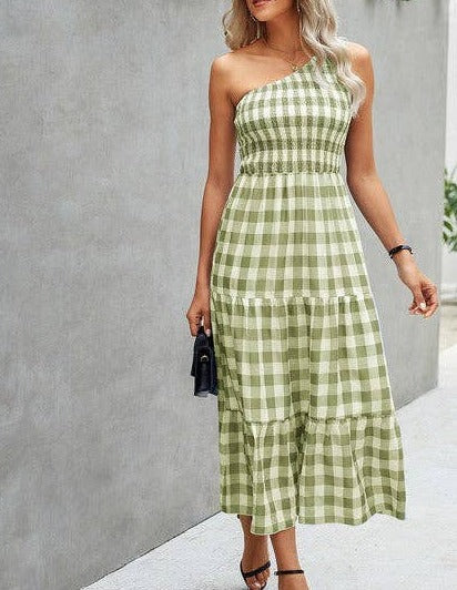 Plaid Chic One-Shoulder Maxi Dress | Dress - Women's | Dress, maxi dress, plaid | Elings