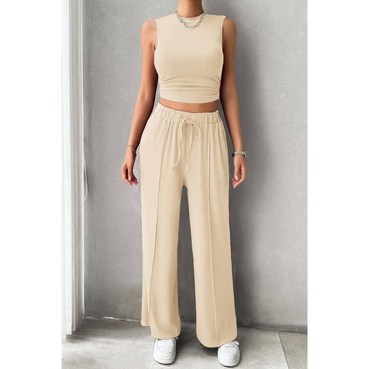 Solid Round Neck Sleeveless Drawstring Pockets Set | Top & Short Set (NOT Loungewear) - Women's | basic, eb sets, new arrival, pending, Sets, shoppe247 | Elings