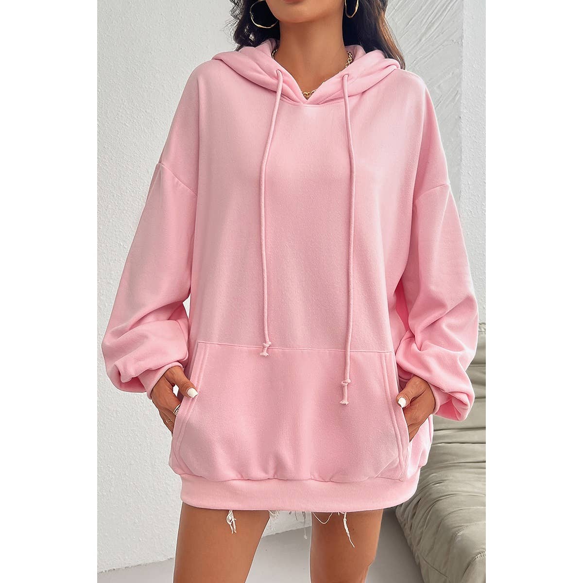 Solid Drawstring Pocket Drop Shoulder Loose Hoodie | Hoodie - Women's | F, Hoodie, new arrival, shoppe247, SWEATER, Sweaters | Elings