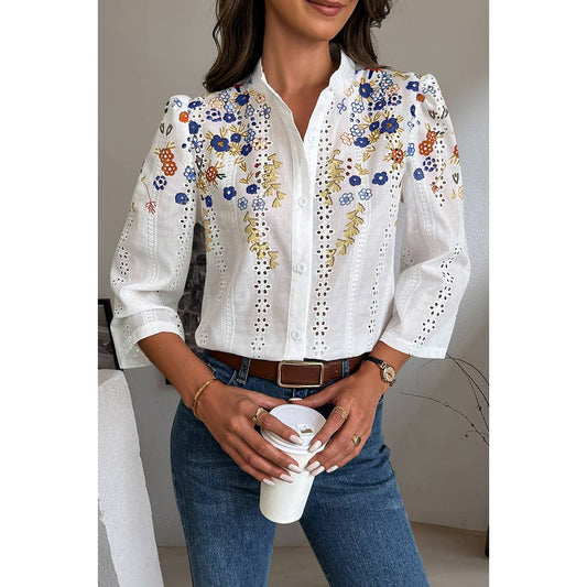 Floral Button Down Hollow Out Lace Fit Blouse | Blouse - Women's | F, new arrival, shoppe247, short sleeve top, Top | Elings