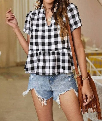 Plaid Ruffle Peplum Top | Blouse - Women's | 2023, New Arrivals, short sleeve top, tops | Elings