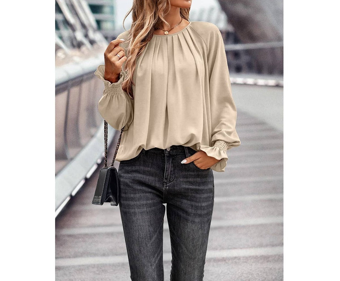 Back Cut Out Button Sleeve Hem Ruffle Ruched Top | Blouse - Women's | long sleeve top, tops | Elings