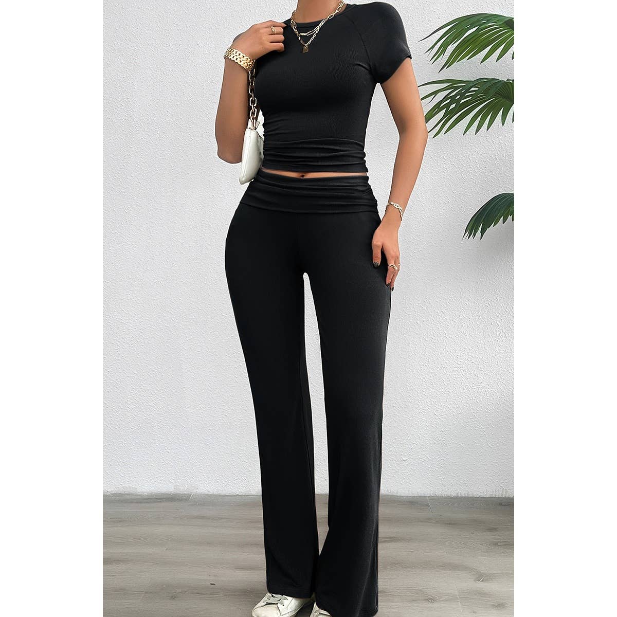 Two Pieces Round Neck Fit Elastic Straight Sets | Top & Pant Set (NOT Loungewear) - Women's | basic, F, new arrival, pending, Sets, shoppe247 | Elings