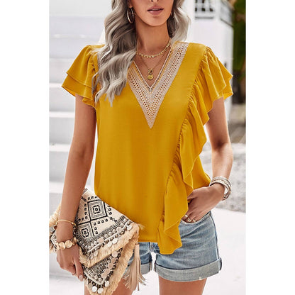 Solid V Neck Lace Ruffle Loose Fit Top | Shirt - Women's | 523, short sleeve top, Top, tops, V Neck | Elings