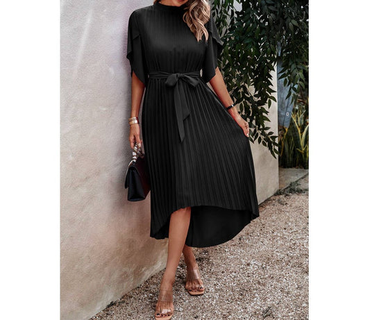 High Neckline Open Sleeve Ruched Solid Knot Belt Dress | Dress - Women's | Dress, LK, midi dress | Elings