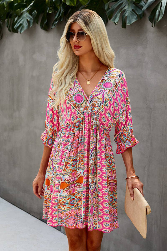 Boho Vneck Swing Dress | Dress - Women's | 2024, above the knee, best sellers, Dress, LK | Elings