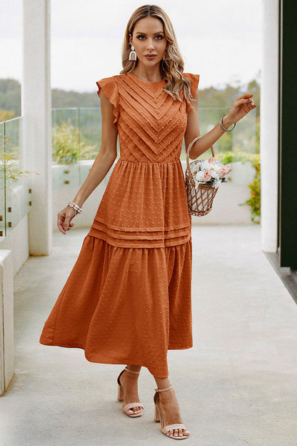 Ruffled Sleeves Pleated Front Maxi Dress