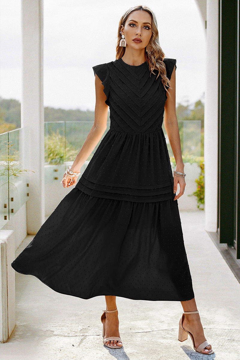 Ruffled Sleeves Pleated Front Maxi Dress