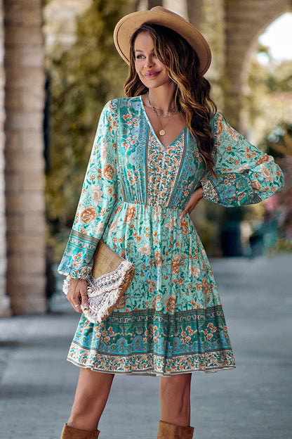 Boho Floral V Neck Ruffled Hem Dress