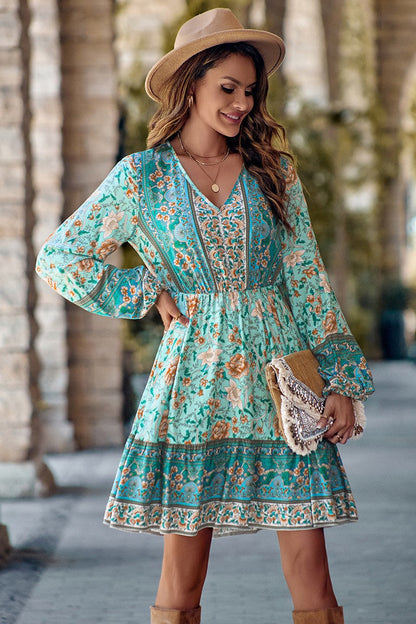 Boho Floral V Neck Ruffled Hem Dress